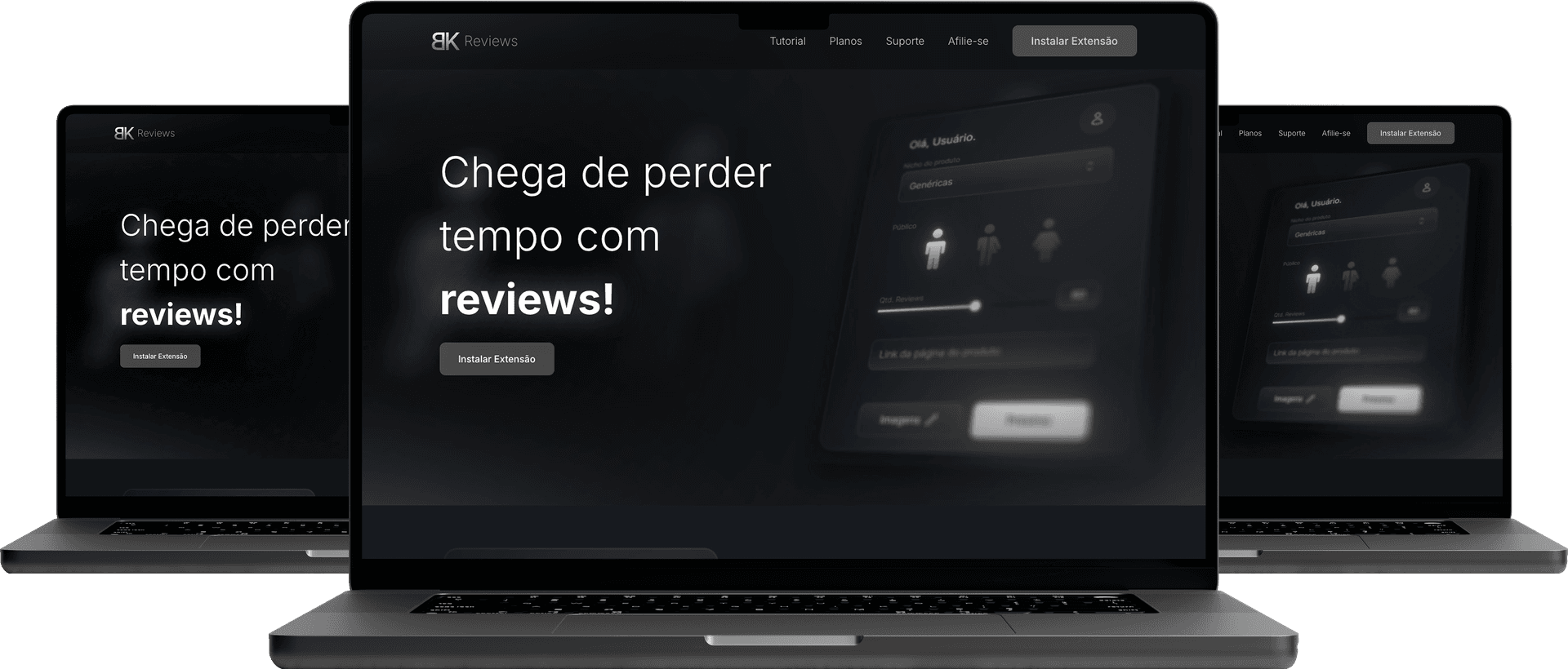 Três computadores abertos no aplicativo BK Reviews